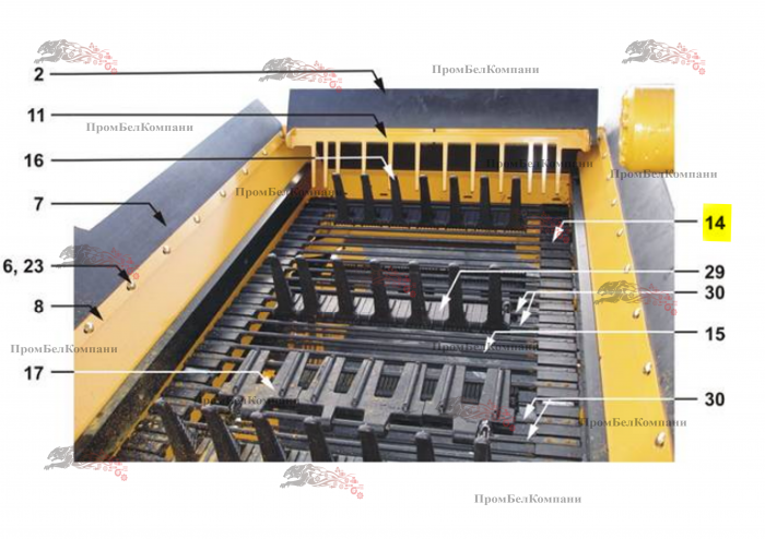 Картинка запчастей: Транспортерное полотно (Ленточный элеватор (длинного исполнения) 345*800**2DN*50/75*11*E 25-M00-009-101 для свеклопогрузчика Franz Kleine (Кляйн) RL 200 SF Mouse (Мышка)