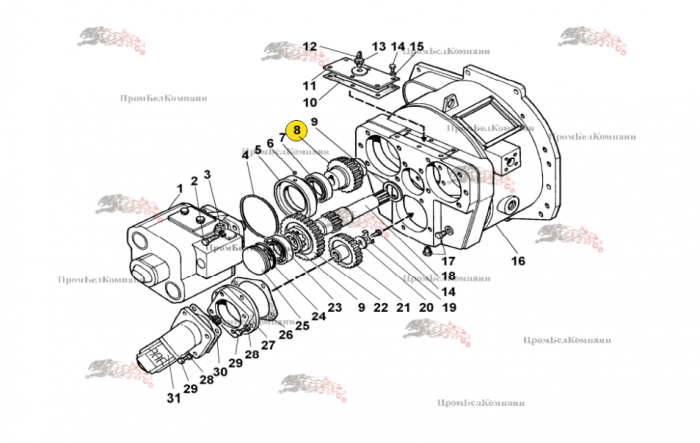 Картинка запчастей: Шестерня / вал-шестерня 208А.42.01.010 под гидронасос M4PV34-34K135AL2BYR для Амкодор 208, 211  