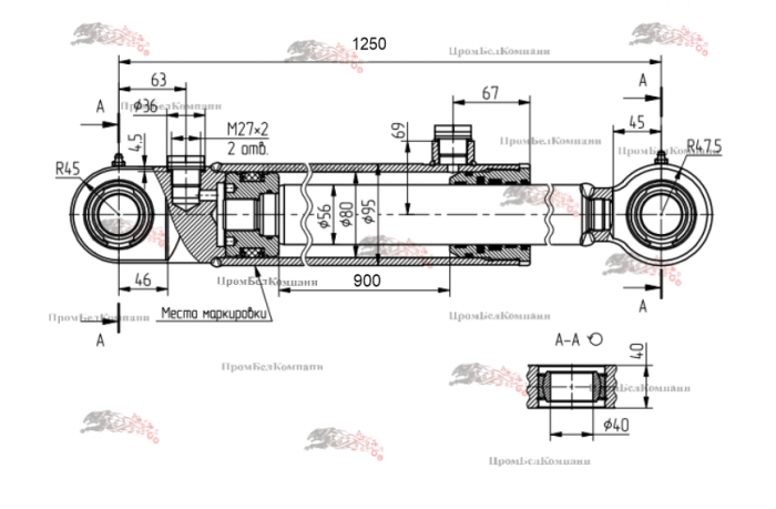 Картинка запчастей: Гидроцилиндр рукояти и ковша экскаваторов ЭО-2621В-3, ЭО-2626, ТО-49 КГЦ 329-06.80-56-900 ( ЦГ-80.56х900.11 )