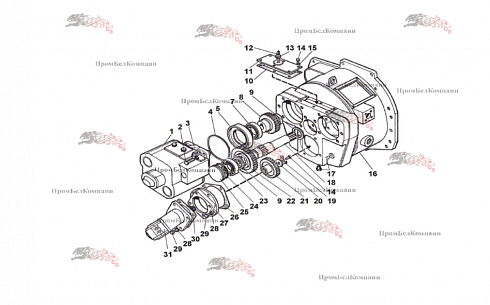 Редуктор привода насосов (РОМ) А211  211.42.00.000 ( 211.42.00.000-В-01 под шестеренный гидронасос Bondioli & Pavesi  HPLPA.3.36.S.Z.1.N7N6.B.ST / 211.42.00.300 ) для погрузчика Амкодор 211