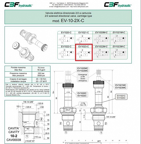 Гидравлический клапан CBF Hydraulic EV102334A / EV-10-23-34A в сборе с катушкой электромагнитной 12V / EV1023C ( EV1023-C )